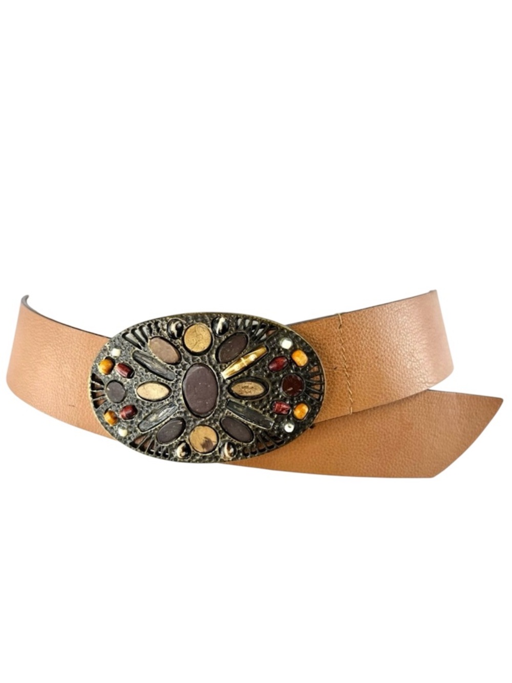 Chico’s Tan Leather Belt with Stone-Embedded Brass-Tone Buckle